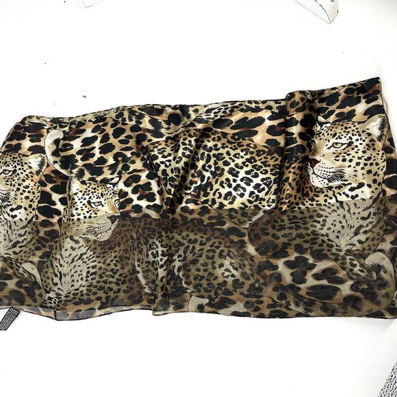 Leopard Print Long Scarf Brown Gold Satin - Picture 3 of 5